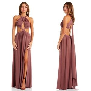 NWT Katie May Tanya Gown Rose Taupe Sz XS $350 SS25 Cutout Backless Revolve